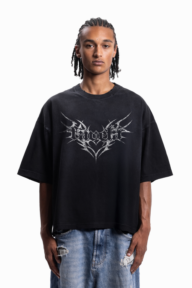 BASIC TRIBAL BOXY DISTRESSED BLACK SUN DRIED T-SHIRT