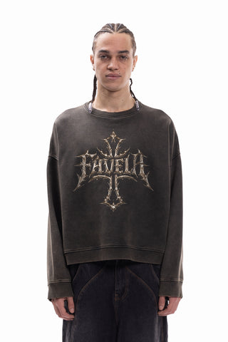 FAVELA CHROME TRIBAL CROSS DISTRESSED ANTHRA BOXY CREWNECK