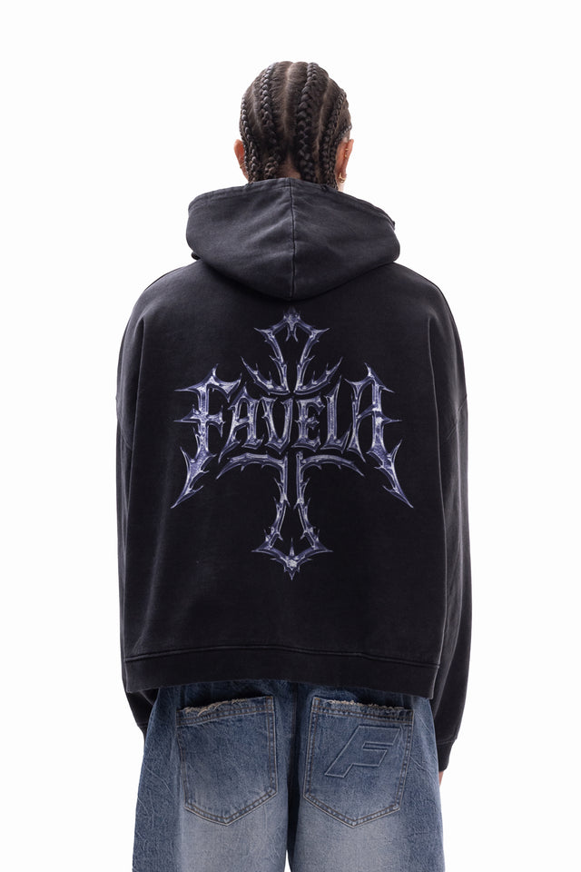 FAVELA CHROME TRIBAL CROSS BLACK WASHED BOXY HOODIE