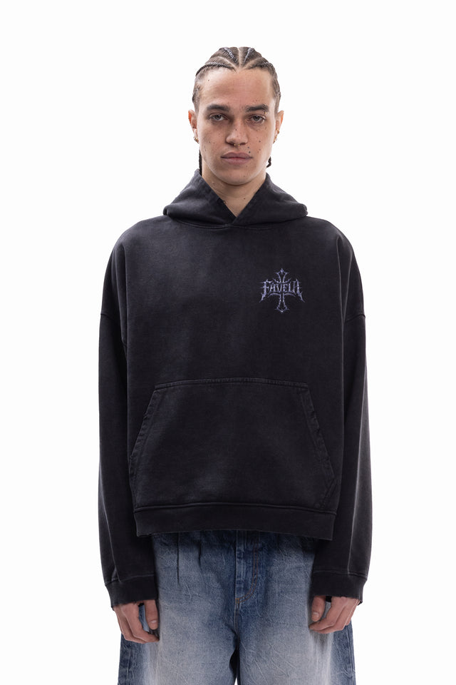 FAVELA CHROME TRIBAL CROSS BLACK WASHED BOXY HOODIE