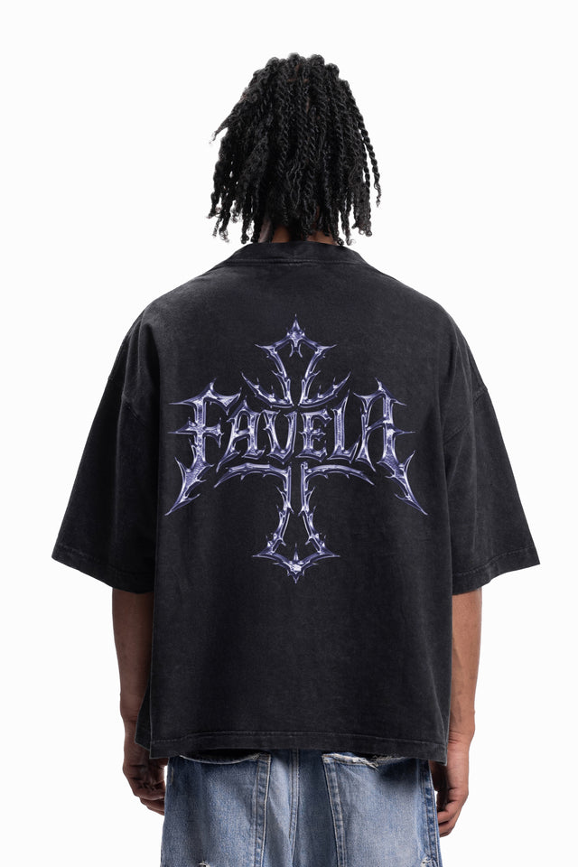CHROME CROSS DISTRESSED BLACK WASHED T-SHIRT