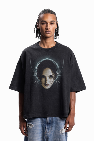 CHROME GIRL BOXY DISTRESSED BLACK WASHED T-SHIRT