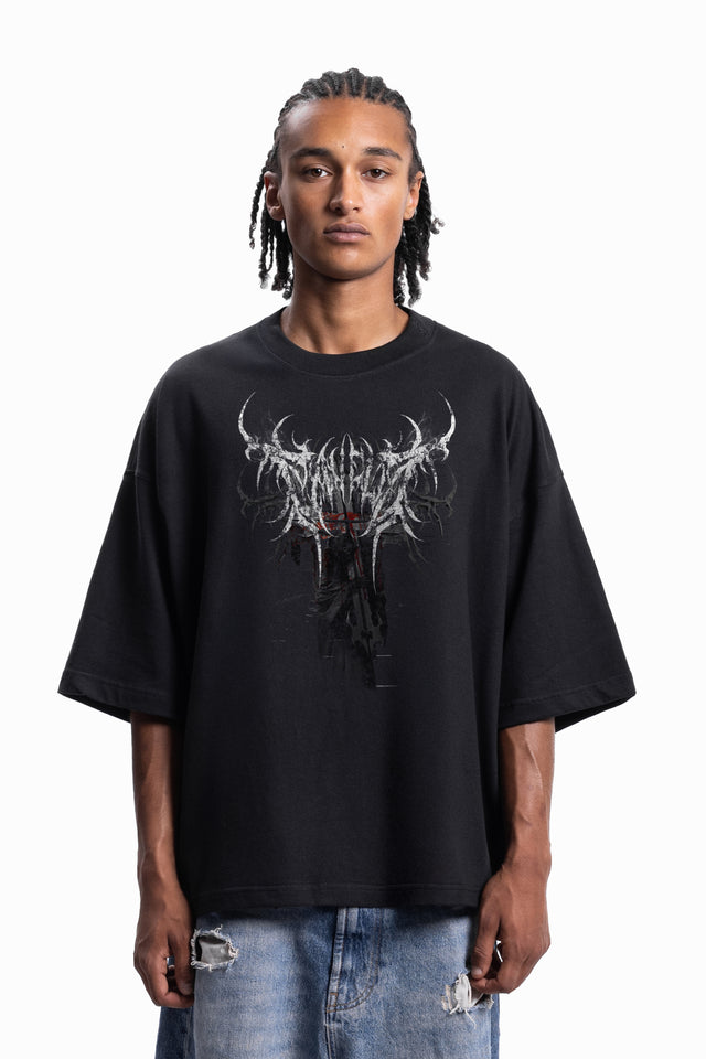CROSS OF DEATH DISTRESSED BLACK BOXY T-SHIRT