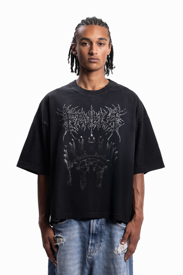 CULT BOXY DISTRESSED BLACK SUN DRIED T-SHIRT