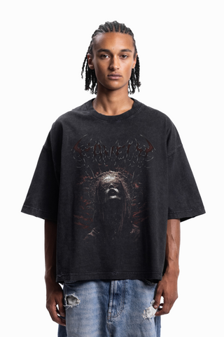 BLOOD CROWN BOXY DISTRESSED BLACK WASHED T-SHIRT