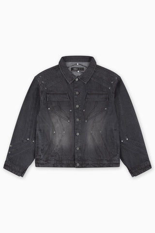HEAVY CUTLINE BLACK WAVE WASHED DENIM JACKET