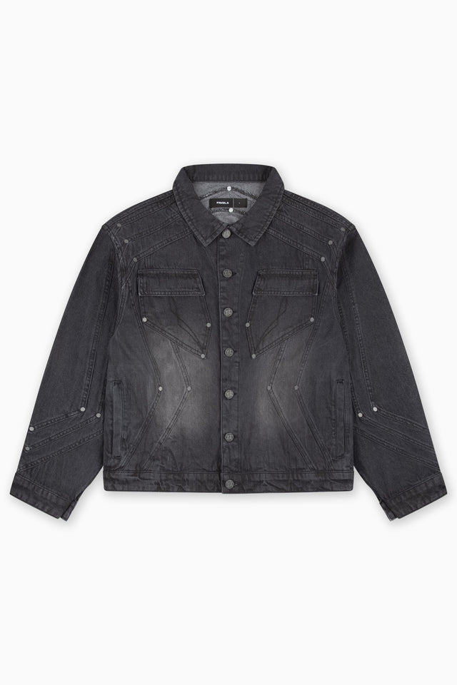 HEAVY CUTLINE BLACK WAVE WASHED DENIM JACKET