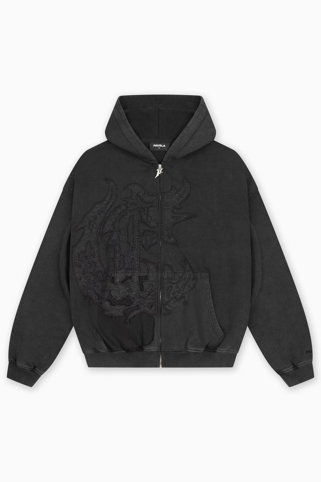 DISTRESSED PATCH BLACK WASHED FRONTZIP