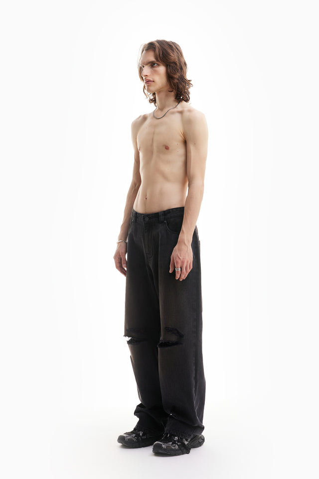 HEAVY BAGGY DISTRESSED DENIM BLACK DIRT WASH