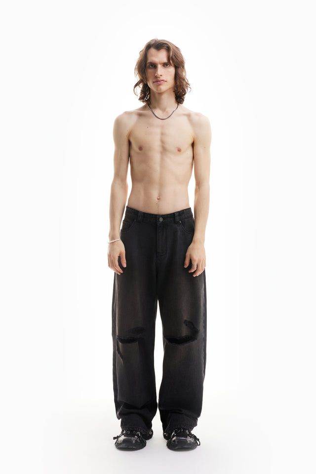 HEAVY BAGGY DISTRESSED DENIM BLACK DIRT WASH