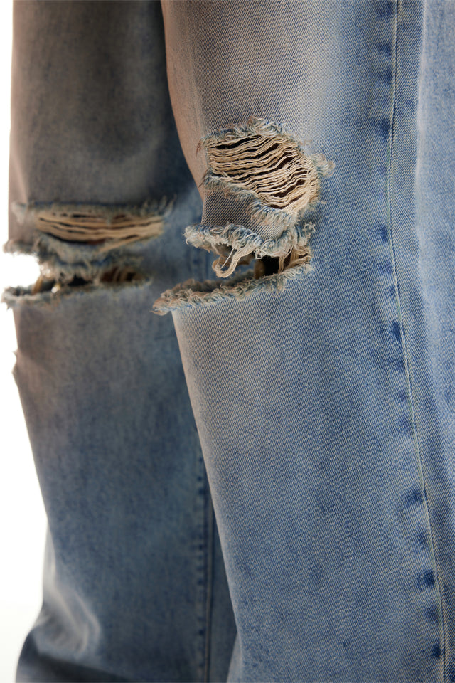 HEAVY BAGGY DISTRESSED DENIM SAND WASH DIRT WASH