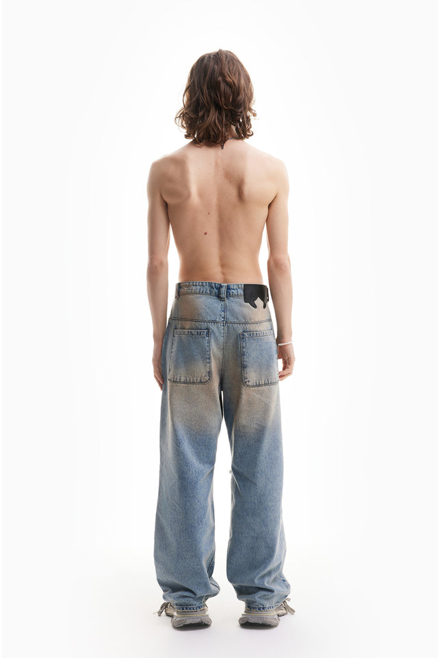 HEAVY BAGGY DISTRESSED DENIM  SAND WASHED DIRT WASH