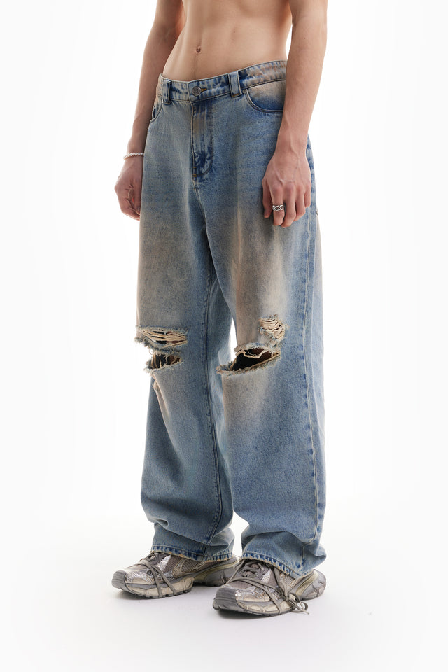 HEAVY BAGGY DISTRESSED DENIM  SAND WASHED DIRT WASH