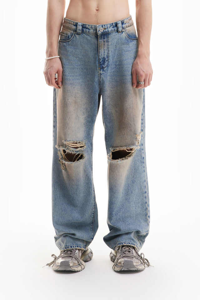 HEAVY BAGGY DISTRESSED DENIM  SAND WASHED DIRT WASH