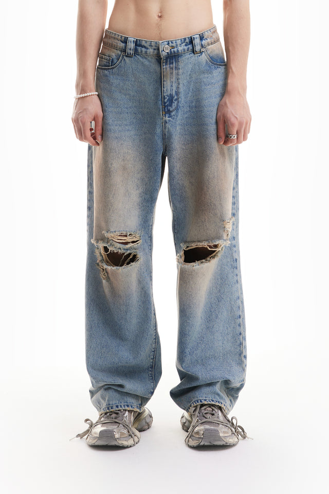 HEAVY BAGGY DISTRESSED DENIM SAND WASH DIRT WASH