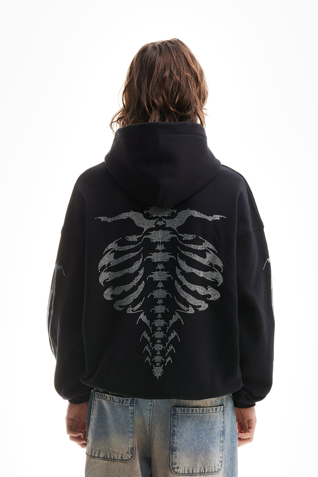 RIBCAGE RHINESTONE BLACK SNAP BUTTON HOODIE