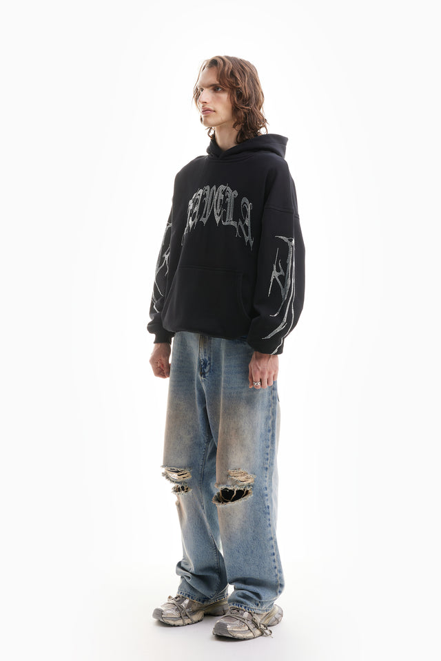 RIBCAGE RHINESTONE BLACK SNAP BUTTON HOODIE