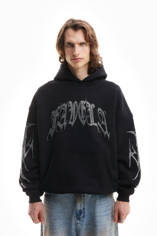 RIBCAGE RHINESTONE BLACK SNAP BUTTON HOODIE