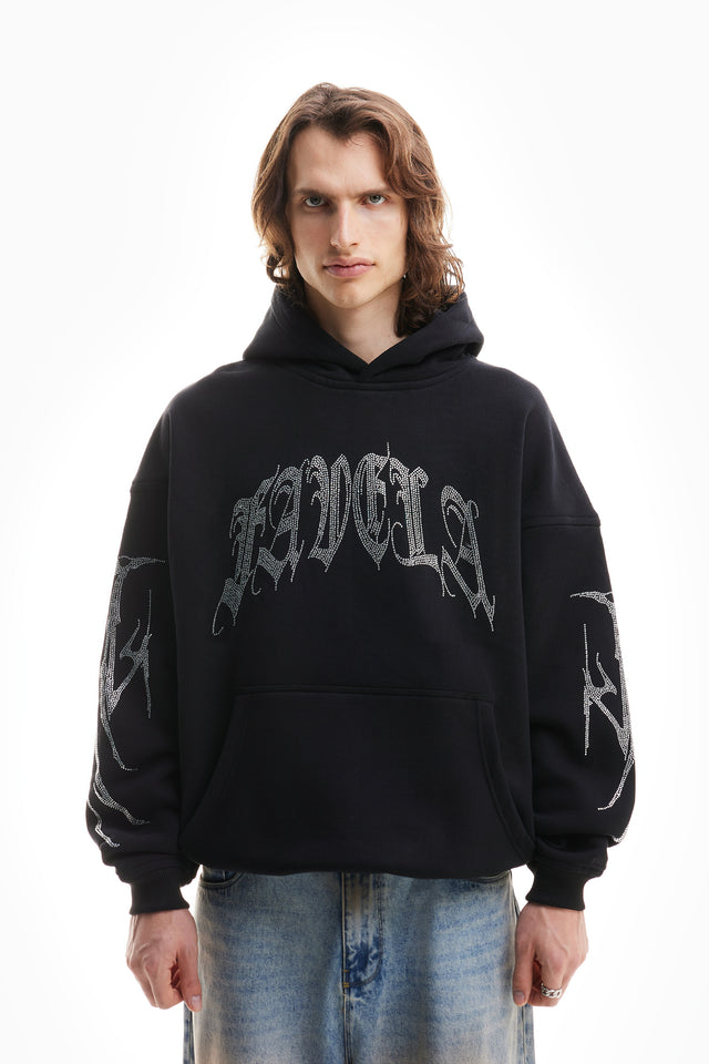 RIBCAGE RHINESTONE BLACK SNAP BUTTON HOODIE