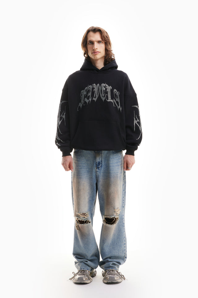RIBCAGE RHINESTONE BLACK SNAP BUTTON HOODIE