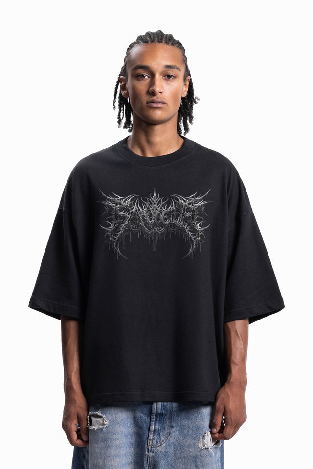 FAVELA GRUNGE CHROME TRIBAL DISTRESSED BLACK BOXY T-SHIRT