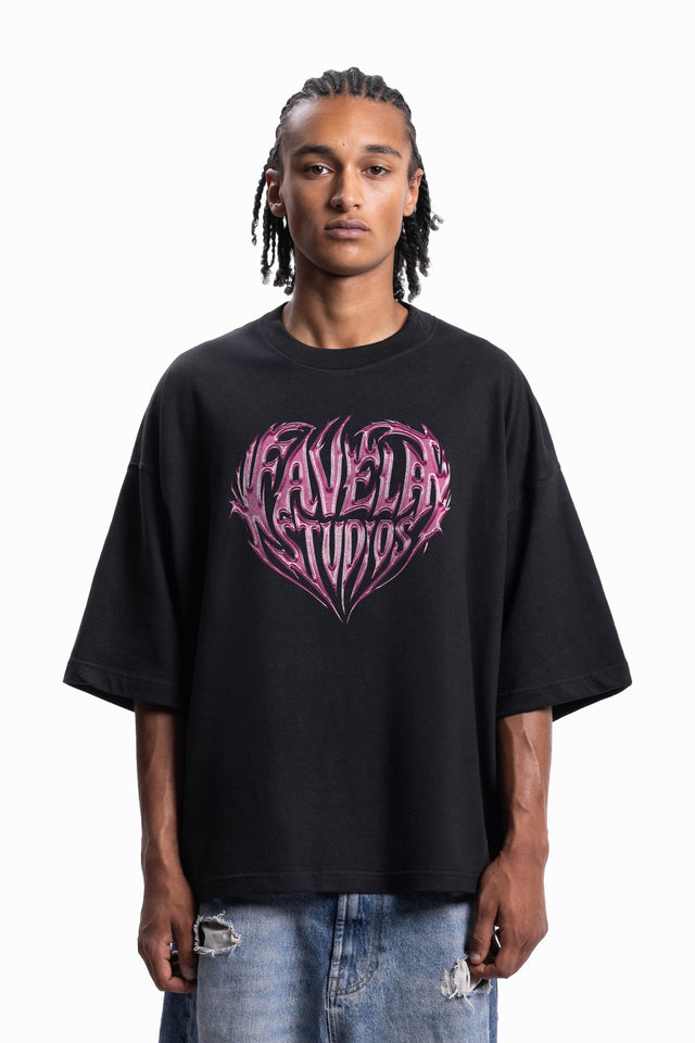 FAVELA STUDIOS CHROME HEART DISTRESSED BLACK BOXY T-SHIRT