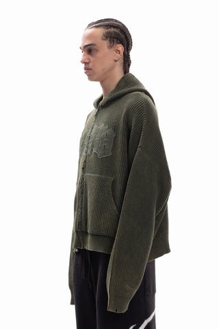 DISTRESSED KNIT CANVAS GREEN WASHED FRONTZIP