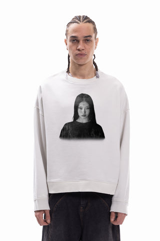 F FACE DISTRESSED VINTAGE WHITE BOXY CREWNECK