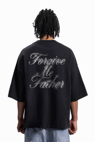 FORGIVE ME FATHER BOXY DISTRESSED BLACK T-SHIRT