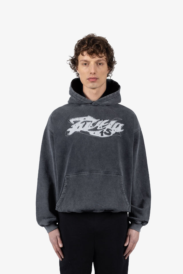 COLLEGE DISTRESSED BLACK WASHED HOODIE