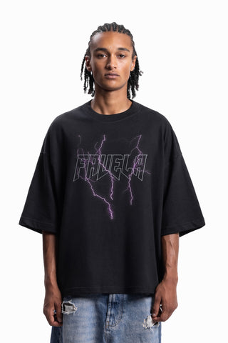 LIGHTNING OUTLINE ENZYME BLACK DISTRESSED T-SHIRT