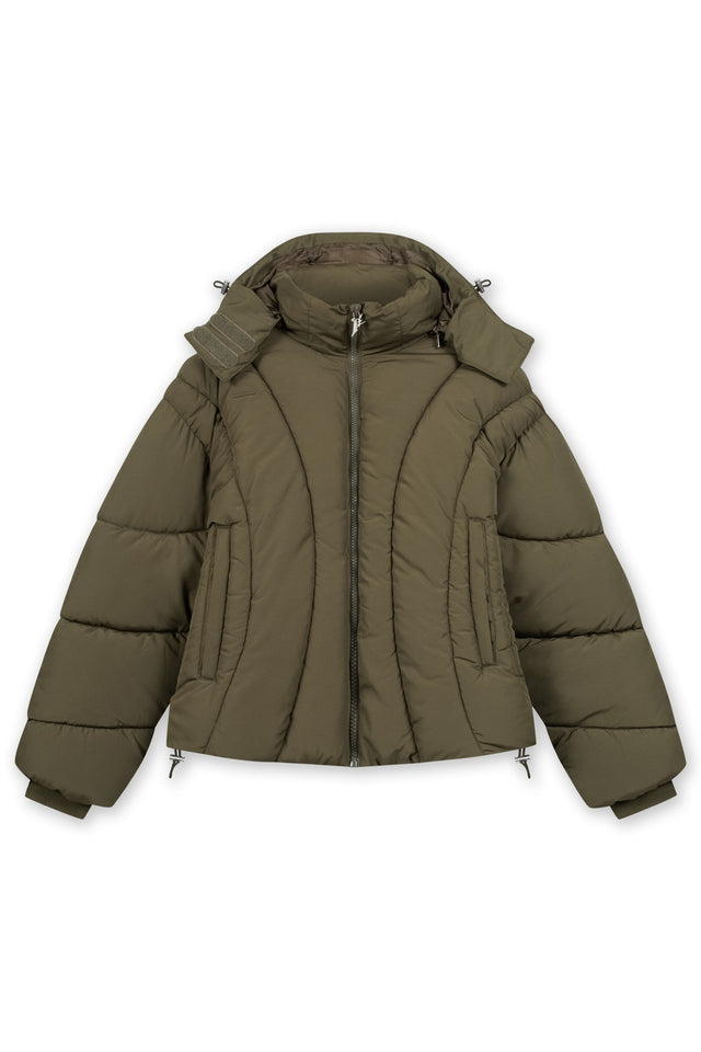 ABSTRACT OLIVE PUFFER JACKET