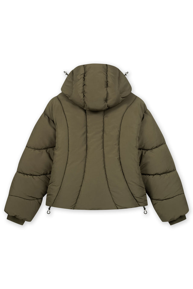 ABSTRACT OLIVE PUFFER JACKET