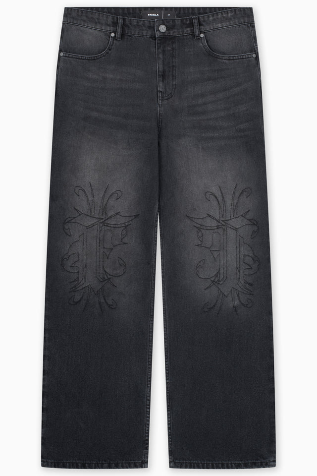 KNEE EMBROIDERY BLACK WASHED DENIM