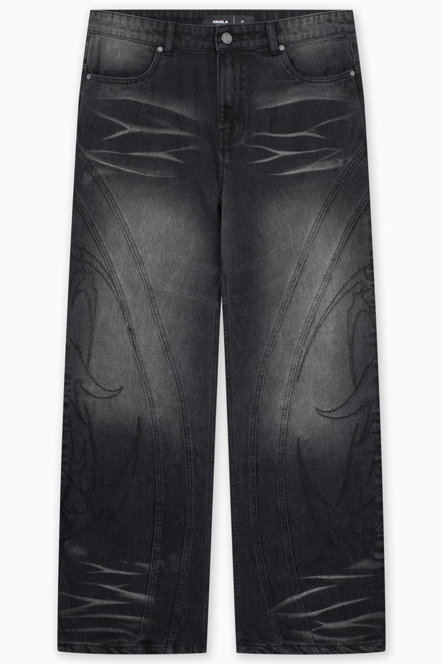 CUTLINE LEG EMBROIDERY BLACK WASHED DENIM
