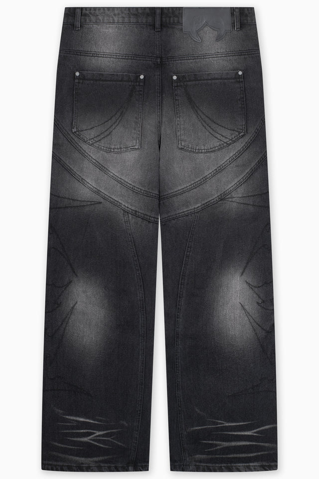 CUTLINE LEG EMBROIDERY BLACK WASHED DENIM