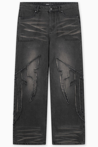 DISTRESSED F BLACK WASHED DENIM