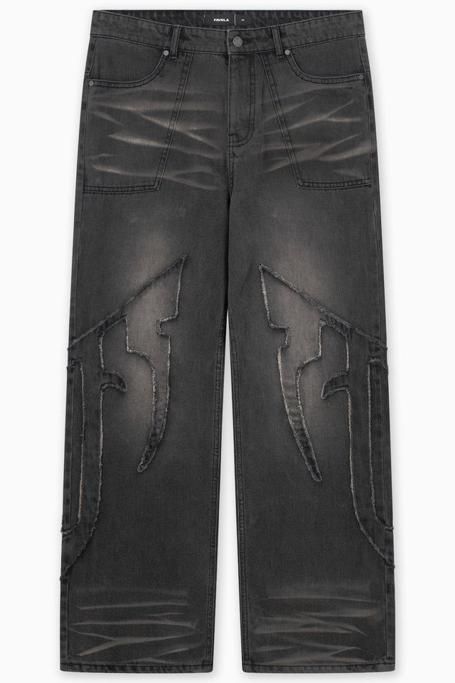 DISTRESSED F BLACK WASHED DENIM
