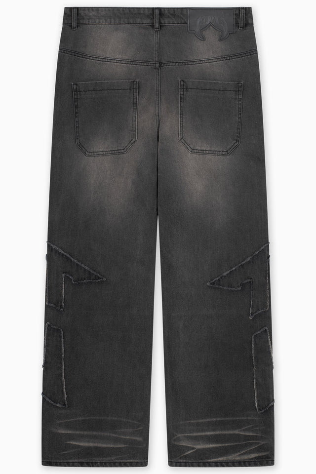 DISTRESSED F BLACK WASHED DENIM