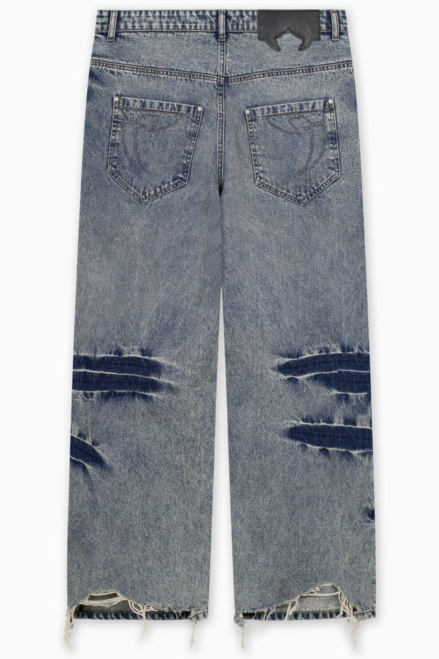 HEAVY BAGGY REGULAR LIGHT BLUE DIRT SPLATTERED WASH DENIM