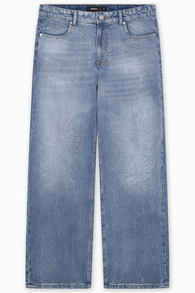 KNEE EMBROIDERY LIGHT BLUE WASHED DENIM
