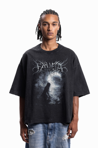 MIDNIGHT LAKE BOXY DISTRESSED BLACK WASHED T-SHIRT