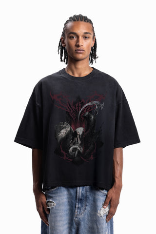 RED GRIM DISTRESSED BLACK WASHED T-SHIRT