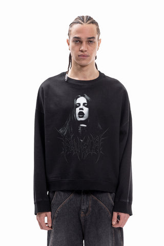 ROCKSTAR DISTRESSED BLACK BOXY CREWNECK