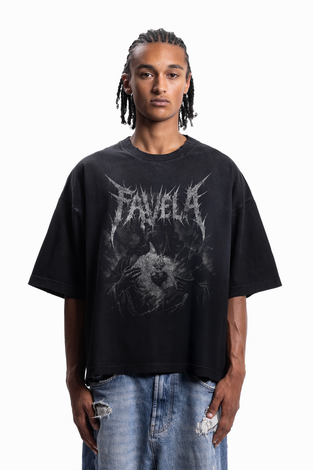 SACRED HEART BOXY DISTRESSED BLACK SUN DRIED T-SHIRT