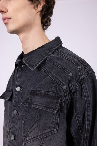 HEAVY CUTLINE BLACK WAVE WASHED DENIM JACKET