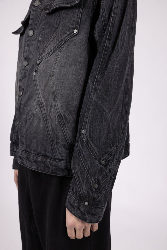 HEAVY CUTLINE BLACK WAVE WASHED DENIM JACKET