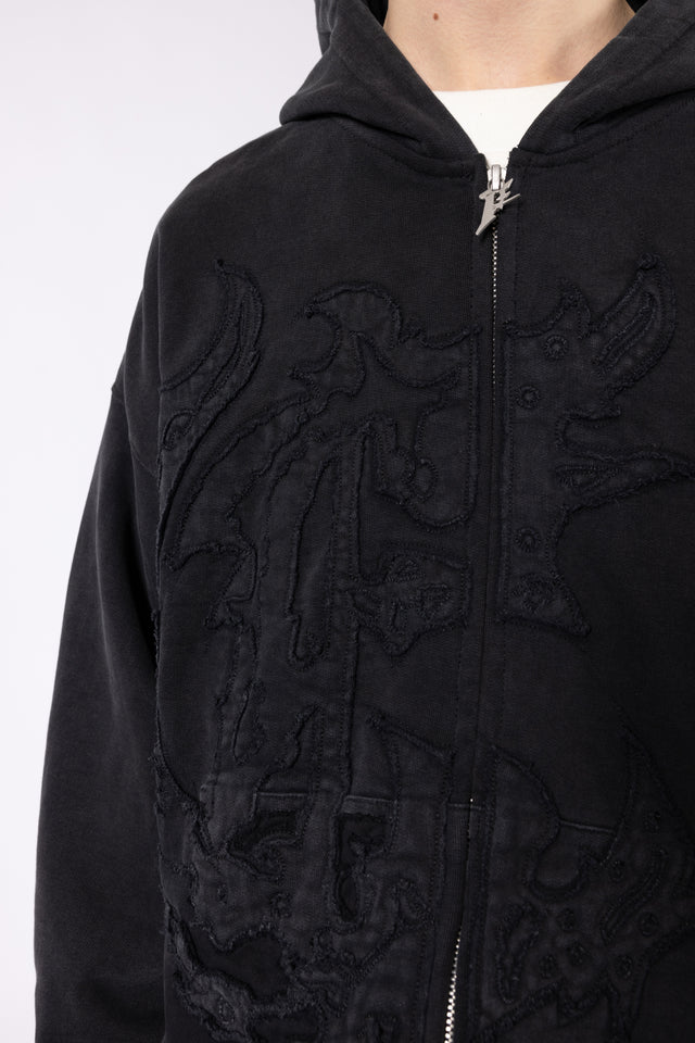 DISTRESSED PATCH BLACK WASHED FRONTZIP