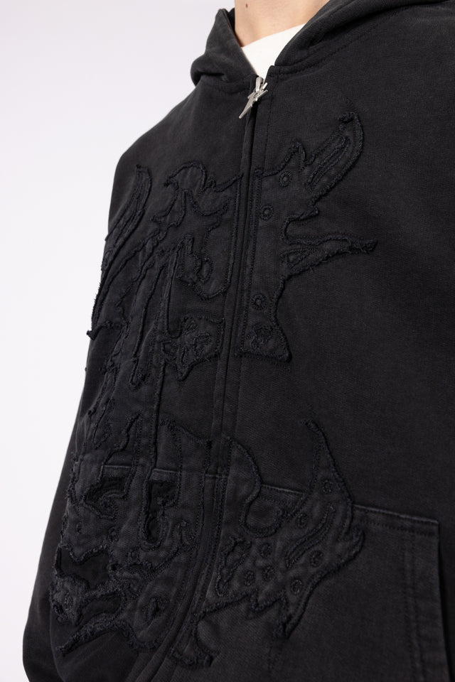 DISTRESSED PATCH BLACK WASHED FRONTZIP