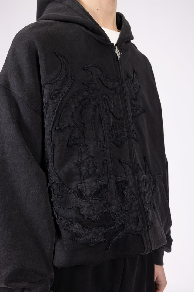 DISTRESSED PATCH BLACK WASHED FRONTZIP